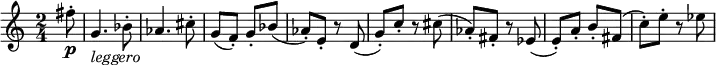{ \key c \major \time 2/4 \relative c''
{
\partial 8 fis8-. \p g,4._\markup { \italic leggero } bes8-. as4. cis8-. g( f-.) g-. bes (as-.) e-. r d (g-.) c-. r cis (as-.) fis-. r es (e-.) a-. b-. fis (c'-.) e-. r es}
}