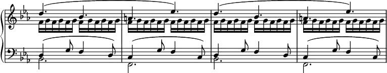 
 \relative c' {
  \new PianoStaff <<
   \new Staff \with { \remove "Time_signature_engraver" } { \key es \major \time 6/8
    <<
     { d'4.( bes a es') d( bes a es') }
    \\
     { f,16 g f g f g f g f g f g | f g f g f g f g f g f g | f g f g f g f g f g f g | f g f g f g f g f g f g }
    >>
   }
   \new Staff \with { \remove "Time_signature_engraver" } { \key es \major \time 6/8 \clef bass
    <<
     { d,4( g8 f4 d8) c4( g'8 f4 c8) d4 g8 f4 d8 c4( g'8 f4 c8) }
    \\
     { bes2. f2. bes2. f2. }
    >>
   }
  >>
 }
