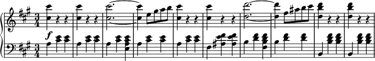 \relative c' {
\new PianoStaff <<
\new Staff { \key fis \minor \time 3/4
\set Score.tempoHideNote = ##t \tempo "" 2. = 56
<cis' cis'>4 r r <cis cis'>4 r r <cis cis'>2.~ <cis cis'>4 e8 gis a b <cis cis,>4 r r <cis cis,>4 r r <d d,>2.~ <d d,>4 fis,8 ais b cis <d, b' d>4 r r <d b' d> r r
}
\new Dynamics {
s\f
}
\new Staff { \key fis \minor \time 3/4 \clef bass
a,4 <cis e> <cis e> a <cis e> <cis e> a <cis e> <e, a cis e> a <cis e> <cis e> a <cis e> <cis e> fis, <ais e' fis> <ais e' fis> b <d fis> <fis, b d fis> b <d fis> <d fis> b, <b' d fis> <b d fis> b, <b' d fis> <b d fis>
}
>>
}