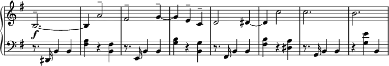 
\relative c' {
  \new PianoStaff <<
   \new Staff \with { \remove "Time_signature_engraver" } { \key e \minor \time 3/4 \set Score.tempoHideNote = ##t \tempo "" 2=86
    b2.^-~ b4 a'2^- fis^- g4^-~ g e^- c^- d2 dis4~ dis c'2 c2. b
   }
   \new Dynamics {
    s8-\f
   }
   \new Staff \with { \remove "Time_signature_engraver" } { \key e \minor \time 3/4 \clef bass
    r8. dis,,,16 b'4 b <a' fis> r <fis b,> r8. e,16 b'4 b <b' g> r <g b,>
    r8. fis,16 b4 b <b' fis> r <a dis,> r8. g,16 b4 b r <e' g,> b,
   }
  >>
 }
