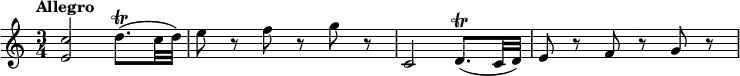 
\relative c'' { \set Score.tempoHideNote = ##t \tempo "Allegro" 4=140 \key c \major \time 3/4
 <c e,>2 d8.\trill ( c32 d) e8 r f r g r c,,2 d8.\trill ( c32 d) e8 r f r g r
}
