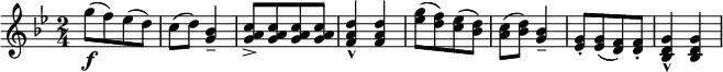 
\relative c' {  
   \new Staff  
   { \key g \minor  \time 2/4
     [g''8-\markup { \dynamic f }( f) es( d)] | c( d) <bes g>4--  | [ <c a g>8-> <c a g> <c a g> <c a g>] | <d a f>4-^ <d a f> |
     [<g es>8( <f d>) <es c>( <d bes>)] | <c a>( <d bes>) <bes g>4--  | [ <g es>8-. <g es>( <f d>) <f d>-.] | <g d bes>4-^ <g d bes> }
   }
