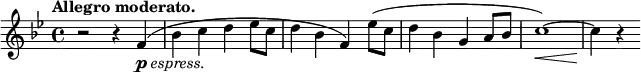 \relative c' { \key bes \major \time 4/4 \tempo "Allegro moderato."
r2 r4 f_\markup { \dynamic p \italic espress. }( bes c d es8 c d4 bes f)
es'8( c d4 bes g a8 bes c1~\<) c4\! r4
}
