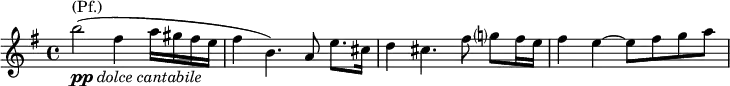 \relative g' { \key g \major \time 4/4 b'2^\markup { (Pf.)}_\markup { \dynamic pp \italic { dolce cantabile } }(fis4 a16 gis fis e | fis4 b,4.) a8 e'8. cis16 | d4 cis4. fis8 g? fis16 e | fis4 e4~ e8 fis g a }