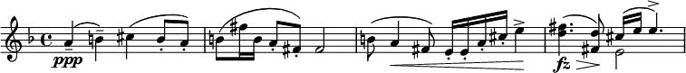 
\relative c' {
\key f \major
\time 4/4
\tempo ""
\tempo 4 = 92
\set Staff.midiInstrument = "violin"
a'4--\ppp ( b-- ) cis ( b8-. a-. )
b8 ( fis'16 b, a8-. fis-. ) fis2
b8 ( a4\< fis8 ) e16-. e-. a-. cis-. e4->\!
< d fis >4.\fz\> ( < fis, d' >8 )\!
<<
  \new Voice = "first"
    \relative { \voiceOne cis''16 ( e e4.-> ) }
  \new Voice= "second"
    \relative { \voiceTwo e'2 }
>>
}
