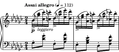 
\new PianoStaff <<
\new Staff = "Up" <<
\new Voice \relative c' {
\clef treble
\key ges \major
\tempo "Assai allegro" 4=112
\time 2/4
\stemDown
bes'16_> \p (<ges' bes>_\markup{\italic leggiero} <ces, ces'>-.) <c c'>-. des_> (<aes' des> <ees ees'>-.) <des des'>-. ges,_> (<ees' ges> <aes, aes'>-.) <a a'>-. bes_> (<f' bes> <ces! ces'!>-.) <bes bes'>-.
}
\new Voice \relative c' {
\stemUp
bes'8 s des s ges, s bes
}
>>
\new Staff = "Down" <<
\new Voice \relative c{
\clef bass
\key ges \major
ges'8-. <des' ges>-. f,-. <aes des aes'>-. ees-. <ges bes ees>-. des-. <f bes f'>-. 
}
>>
>>
