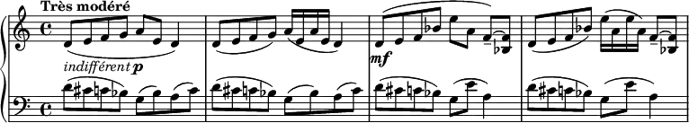 
\relative c' {
  \new PianoStaff <<
   \new Staff { \key c \major \time 4/4 \set Score.tempoHideNote = ##t \tempo "Très modéré" 4=92
    d8( e f g a e d4) d8( e f g) a16( e a e d4)
    d8( e f bes e[ a,] f_- ) ~ <f bes,> d( e f bes) e16( a, e' a,) f8_- ~ <f bes,>
   }
   \new Dynamics {
    s4-\markup { \italic indifférent \dynamic p } s4 s2 s1 s4-\mf
   }
   \new Staff { \key c \major \time 4/4 \clef bass
    d8( cis c bes) g( bes) a( c) d( cis c bes) g( bes) a( c)
    d( cis c bes) g( e' a,4) d8( cis c bes) g( e' a,4)
   }
  >>
 }
