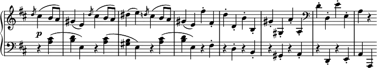 
 \relative c' {
  \new PianoStaff <<
   \new Staff \with { \remove "Time_signature_engraver" } { \key d \major \time 2/2 \partial 2
    \slashedGrace d'8 cis4( b8 a) gis4( e) \slashedGrace d'8 cis4( b8 a) dis4( e)
    \slashedGrace d8 cis4( b8 a) gis4( e) fis'-. fis,-. d'-. d,-.
    b'-. b,-. gis'-. gis,-. a'-. a,-. \clef bass d-. d,-. e'-. e,-. a r
   }
   \new Dynamics {
    s4\p
   }
   \new Staff \with { \remove "Time_signature_engraver" } { \key d \major \time 2/2 \clef bass \partial 2
    \slashedGrace s8 r4 <cis a>4( <d b> e,) r <cis' a>( <b gis> e,) r <cis' a>( <d b> e,)
    r fis-. r d-. r b-. r gis-. r a-. r d,-. r e-. a a,
   }
  >>
 }
