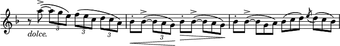 
\relative c''' \new Staff \with { \remove "Time_signature_engraver" } { \key f \major \time 4/4 \set Score.tempoHideNote = ##t \tempo "" 4=100
 \stemDown
 r8_\markup \italic dolce. a->(~ \times 2/3 { a8 g e) } \times 2/3 { f( e c } \times 2/3 { d c a) }
 bes-.\< bes->(~ \times 2/3 { bes a g\!) } bes-.\> bes->(~ bes8*2/3 a g\!)
 bes8-. bes->(~ bes8*2/3 g a) bes( c d) \acciaccatura e d( c bes)
}
