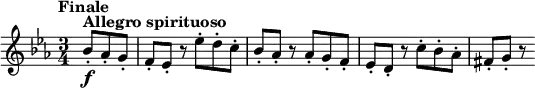 \relative bes' {\set Staff.midiInstrument = #"violin"
\key es \major \time 3/4
\tempo "Finale"
\tempo 4 = 170
\partial 4. bes8-.^\markup\bold{Allegro spirituoso} \f as-. g-.
f8-. es-. r es'-. d-. c-.
bes8-. as-. r as-. g-. f-.
es8-. d-. r c'-. bes-. as-.
fis8-. g-. r
}