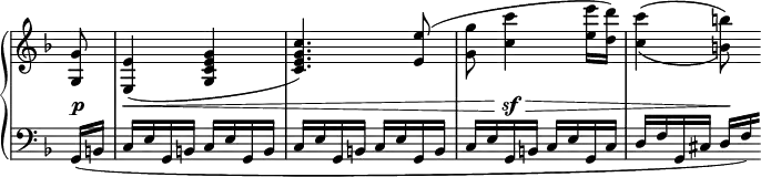 
 \relative c' {
  \new PianoStaff <<
   \new Staff \with { \remove "Time_signature_engraver" } { \key f \major \time 2/4 \partial 8
    <g' g,>8 <e e,>4( <g e c g> <c g e c>4.)
    <e e,>8( <g g,> <c c,>4 <e e,>16 <d d,>) <c c,>4( _\( <b b,>8) \)
   }
   \new Dynamics {
    s8\p s4\< s s2 s8 s4\sf \> s8 s4 s8\!
   }
   \new Staff \with { \remove "Time_signature_engraver" } { \key f \major \time 2/4 \clef bass
    g,,,16( b c e g, b c e g, b c e g, b c e g, b
    c e g, b c e g, c d f g, cis \stemUp d[ \set stemRightBeamCount = 2 f])
   }
  >>
 }
