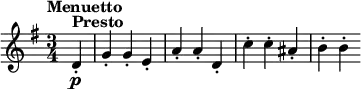 \relative d' {\set Staff.midiInstrument = #"violin"
\key g \major \time 3/4
\tempo "Menuetto"
\tempo 4 = 330
\partial 4 d-.^\markup {\bold Presto} \p g4-. g-. e-. a-. a-. d,-. c'-. c-. ais-. b-. b-.
}