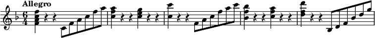 \relative c'' { \key f \major \time 6/4 \set Score.tempoHideNote = ##t \tempo "Allegro" 4=132
<f c a f>4 r r c,8 f a c f a <a f c>4 r r <g e c> r r <c c,> r r f,,8 a c f a c
<bes f bes,>4 r r <a f c> r r <d f, d> r r bes,,8 d f bes d g
}