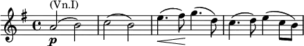 \relative e' { \key e \minor \time 4/4 a2^\markup { (Vn.I)}_\markup { \dynamic p }( b) | c( b) | e4.\<( fis8)\! g4.( d8) | c4.( d8) e4( c8 b) }