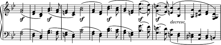 \relative c' {
\new PianoStaff <<
\new Staff \with { \remove "Time_signature_engraver" } { \key bes \major \time 4/4 \partial 2
<a' f>2( <f d>4 <d bes>) <bes' g>4.( <a f>8 <g e>4 <e c>)
<c' a>2( <a f>4 <f d>) <d' bes>4.( <c a>8 <bes g>4 <g e>)
<g' bes,>4.( _\( <f a,>8) \) <e g,>4.( _\( <d f,>8) \)
<c e,>4^\( <bes bes,> <a a,> <g cis,> <f d> <d g, f>\)
}
\new Dynamics {
\override TextScript #'whiteout = ##t
s2\sf s s\sf s s\sf s s\sf s s\sf s\sf s_\markup \italic decresc.
}
\new Staff \with { \remove "Time_signature_engraver" } { \key bes \major \time 4/4 \clef bass
<a f>2( <f d>4 <d bes>) <bes' g>4.( <a f>8 <g e>4 <e c>)
<c' a>2( <a f>4 <f d>) <d' bes>4.( <c a>8 <bes g>4 <g e>)
<g' bes,>4.( <f a,>8) <e g,>4.( <d f,>8)
<c e,>4_\( <f, d> <e cis> <e a,> <d bes> b\)
}
>>
}