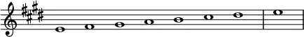 \relative c' {
\new Staff \with { \remove "Time_signature_engraver" }
{ \key e \major \time 1/1 \cadenzaOn e1 fis gis a b cis dis \bar "|" e \bar"|"}
}