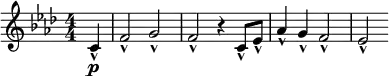 \relative c' { \clef treble \numericTimeSignature \key f \minor \time 4/4 \partial 4*1 c\p-^ | f2-^ g-^ | f-^ r4 c8-^ ees-^ | aes4-^ g-^ f2-^ | ees-^ }