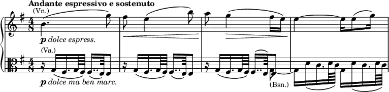 \new GrandStaff
<<
\new Staff \relative c''{ \clef treble \key e \minor \time 4/8 \set Score.tempoHideNote = ##t \tempo "Andante espressivo e sostenuto" 8=54 b4.(^\markup{\smaller \center-align {(Vn.)}}_\markup{\dynamic p \italic {dolce espress.}} g'8) | \noBreak fis\< e4( b'8) | \noBreak a\! g4(\> fis16 e) | \noBreak e4\! ~ e16[ e8( g16])}
\new Staff {\relative c' \clef alto \key e \minor \time 4/8 r16^\markup{\smaller (Va.)}_\markup{\dynamic p \italic {dolce ma ben marc.}} g( fis16. g64 fis) fis16..( e64) e8 r16 g( fis16. g64 fis) fis16..( e64) e8 r16 g( fis16. g64 fis) 
<<\relative c{fis16..( e64) e8}
\\
\relative c'{s8 g_\markup{\smaller (Bsn.)} ~ g16 d'( c16. d64 c) g16 d'( c16. d64 c)}
>>
}
>>

