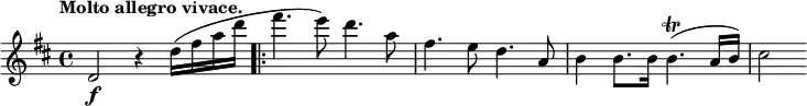 \relative c' { \key d \major \time 4/4 \tempo "Molto allegro vivace."
d2\f r4 d'16( fis a d \set Score.repeatCommands = #'(start-repeat) fis4. e8) d4. a8 fis4. e8 d4. a8 b4 b8. b16 b4.\trill( a16 b) cis2 }