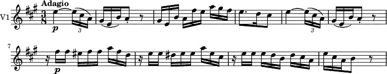 
\version "2.18.2"
 \new Staff \with { instrumentName = #"V1"}
 \relative c'' {
    \key a\major 
    \tempo "Adagio"
    \time 3/8
    \tempo 4 = 40 
     e4 \p ~\tuplet 3/2 {e16 (cis a)}
     \scaleDurations 2/3 {gis (e b')} a8-. r          
     \scaleDurations 2/3 {gis16 [e b'] a [fis' e] a [gis fis]}
     e8. d16 cis8
     e4 ~\tuplet 3/2 {e16 (cis a)}
     \scaleDurations 2/3 {gis (e b')} a8-. r   
     \scaleDurations 2/3 {r16 fis' \p [fis] eis [fis fis] a [fis d]}
     \scaleDurations 2/3 {r16 e [e] dis [e e] a [e cis]}
     \scaleDurations 2/3 {r16 e [e] e [d b] d [cis a]}
     \scaleDurations 2/3 {e' cis a} b8 r
 }
