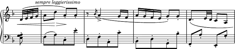 
\relative c' {
 \new PianoStaff <<
  \new Staff \with { \remove "Time_signature_engraver" } { \key d \minor \time 2/4 \set Score.tempoHideNote = ##t
   \tempo "" 4=160 \partial 8
   d32( e f g^\markup { \italic { sempre leggierissimo } }
   a8 d a-.) a-. r \acciaccatura bes a4->( g16 f
   a g f e g8-.) g-. \shape #'((0 . 0) (-1.5 . -1) (0 . -0.5) (3.5 . -1)) Slur d8.( e32 d c8 a)
  }
  \new Dynamics {
   s8\< s s\> s\!
  }
  \new Staff \with { \remove "Time_signature_engraver" } { \key d \minor \time 2/4 \clef bass
   <a g e>8-. f[ ( a) c,-. e'-.] d,-.[ f-. a,-. c'-.]
   bes,-.[ d-. g,-. bes'-.] f,-. a'-. e,-. g'-.
  }
 >>
}
