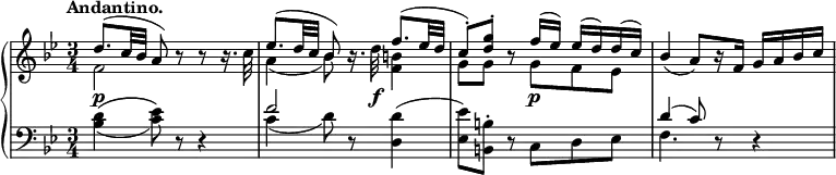 
 \relative c' {
  \new PianoStaff <<
   \new Staff { \key bes \major \time 3/4 \set Score.tempoHideNote = ##t \tempo "Andantino." 4=90
   \override Score.NonMusicalPaperColumn #'line-break-permission = ##f
    <<
     {
      d'8.( c32 bes a8) b\rest b\rest b16.\rest \stemDown c32
      \stemUp es8.( d32 c bes8) b16.\rest \stemDown d32 \stemUp f8.( es32 d
      c8-. ) <g' d>-. b,\rest f'16( es) es( d) d( c)
      bes4_( a8) [ b16\rest f] g a bes c
     }
    \\
     { f,2 s4 a( bes8) s <b f>4 g8 g s g f es }
    >>
   }
   \new Dynamics {
    s4\p s2 s4... s32\f s4 s s8 s\p
   }
   \new Staff { \key bes \major \time 3/4 \clef bass
    <<
     { s4. d,8\rest d4\rest f'2*3/4 d,8\rest s4 s d8\rest s4. d'4( c8) d,\rest d4\rest }
    \\
     { <d' bes>4( ^\( <es c>8) \) s4. c4( d8) s8 <d d,>4^( <es es,>8) <b b,>^. s c, d es f4. }
    >> 
   }
  >>
 }
