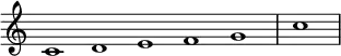 \relative c' {
\new Staff \with { \remove "Time_signature_engraver" }
{ \key c \major \time 1/1 \cadenzaOn c1 d e f g \bar"|" c \bar"|"}
}