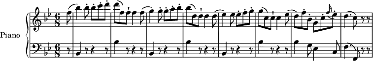 \version "2.18.2"
\header {
tagline = ##f
}
upper = \relative c'' {
\clef treble
\key bes \major
\time 6/8
\tempo 4 = 150
\tempo "Allegro"
\set Staff.midiInstrument = #"piano"
\partial8 f8
(bes4) bes8-. bes-. c-. d-.
d (f,) f-! f4 f8
(g4) g8-. g-. a-. bes-.
bes (d,) d-! d4 d8
(ees4) ees8 ees-. f-. g-.
g (c,) c-! c4 ees8
(d) f-. bes,-. g-. c-. \grace f16 (ees8-.)
d4. (c8) r8 r
}
lower = \relative c {
\clef bass
\key bes \major
\time 6/8
\set Staff.midiInstrument = #"piano"
\partial8 r8
bes4 r8 r4 r8
bes'4 r8 r4 r8
bes,4 r8 r4 r8
bes'4 r8 r4 r8
bes,4 r8 r4 r8
bes'4 r8 r4 r8
bes4 g8 ees4 c8
f4. (f,8) r r
}
\score {
\new PianoStaff <<
\set PianoStaff.instrumentName = #"Piano"
\new Staff = "upper" \upper
\new Staff = "lower" \lower
>>
\layout {
\context {
\Score
\remove "Metronome_mark_engraver"
}
}
\midi { }
}