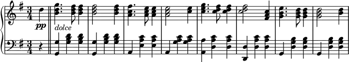 
 \relative b' {
  \new PianoStaff <<
   \new Staff { \key e \minor \time 3/4
    \tempo \markup { 
     \column {
   }
    }
    \partial 4 d\pp \bar "||" <b d g>4._\markup { \italic dolce } <b d fis>8 <b d fis>4 <b d fis>2 <b d fis>4 <a c fis>4. <a c e>8 <a c e>4 <a c e>2 <c e>4 <c e g>4. <c d fis>8 <c d fis>4 <c d fis>2 <fis, a c>4 <g b e>4. <g b d>8 <g b d>4 <g b d>2 <b d>4
   }
   \new Staff { \key e \minor \time 3/4 \clef bass
    r4 <g,, g'> <g' b d> <g b d> <g, g'> <g' b d> <g b d> a, <e' a c> <e a c> a, <g' a c> <g a c> <a, a'> <d a' c> <d a' c> <d d,> <d a' c> <d a' c> g, <d' g b> <d g b> g, <d' g b> <d g b> }
  >>
 }
