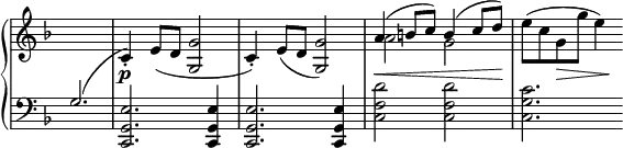 
 \relative c' {
  \new PianoStaff <<
   \new Staff = "R" \with { \remove "Time_signature_engraver" } { \key f \major \set Score.tempoHideNote = ##t \tempo 2=110 \time 4/4 \partial 2.
    <<
     { 
      \change Staff = "L" g2.( \change Staff = "R" c4_.) e8_( d <g g,>2 c,4_.) e8_( d <g g,>2)
      a4( b8 c) b4( c8 d) \stemDown e( c g g' e4)
     }
    \\
     { s2. s1 s a,2 g }
    >>
   }
   \new Dynamics {
    s2. s4-\p s2. s1 s4-\< s2 s8 s\! s4 s-\> s8 s\!
   }
   \new Staff = "L" \with { \remove "Time_signature_engraver" } { \key f \major \time 4/4 \clef bass
    s2. <e, g, c,>2. q4 q2. q4 <d' f, c>2 q <c g c,>2.
   }
  >>
 }
