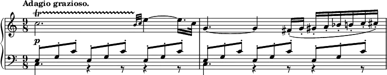 
 \relative c' {
  \new PianoStaff <<
   \new Staff { \key c \major \time 9/8 \tempo "Adagio grazioso."
    c'2.\startTrillSpan \grace { b32\stopTrillSpan[ c] } e4~ e16. c32 g4.~ g4 fis16-.( g-. gis-. a-. bes-. b-. c-. cis-.)
   }
   \new Dynamics {
    s\p
   }
   \new Staff { \key c \major \time 9/8 \clef bass
    <<
     { e,,8-. g-. c-. e,-. g-. c-. e,-. g-. c-. e,-. g-. c-. e,-. g-. c-. e,-. g-. c-. }
    \\
     { c,4. g4\rest r8 g4\rest r8 c4. g4\rest r8 g4\rest r8 }
    >>
   }
  >>
 }
