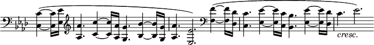 
 \relative c' \new Staff \with { \remove "Time_signature_engraver" } { \key f \minor \time 12/8 \partial 4. \clef bass
  <c~ c,~>4( <c c,>16 <es es,> \clef treble <aes aes,>4. <c~ c,~>4 <c c,>16 <aes aes,> <g g,>4. <bes~ bes,~>4 <bes bes,>16 <g g,> <aes aes,>4. <es es,>2.)
  \clef bass <f~ f,~>4(<f f,>16 <des des,> <c c,>4. <es~ es,~>4 <es es,>16 <c c,> <bes bes,>4. <es~ es,~>4 <es es,>16 <des des,> c4.\cresc es2.\!)
 }
