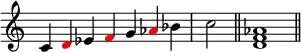 
{
\override Score.TimeSignature #'stencil = ##f
\relative c' { 
  \clef treble
  \time 7/4 c4 \once \override NoteHead.color = #red d es \once \override NoteHead.color = #red f g \once \override NoteHead.color = #red aes bes  \time 2/4 c2 \bar "||"
  \time 4/4 <d, f aes>1 \bar "||"
} }
