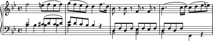 \version "2.18.2"
\header {
tagline = ##f
}
upper = \relative c'' {
\clef treble
\key bes \major
\time 4/4
\tempo 4 = 75
%\override TupletBracket.bracket-visibility = ##f
%%Mozart — Concerto 20 mvt 2, th. 1
f2 e8( f e f) g( f ees d) d4 f8. d16 bes8 r8 bes8 r8 f8 r8 f r8 bes4.( c16 d) c8( d ees e)
}
lower = \relative c {
\clef bass
\key bes \major
\time 4/4
<< { d'2 cis8( d cis d) ees d c bes bes4 r4 } \\ { bes4 bes bes bes bes } >>
<< { d,8 f d f ees f ees f d f d f } \\ { bes,2 < c a >2 bes f4 r4 } >>
}
\score {
\new PianoStaff <<
\new Staff = "upper" \upper
\new Staff = "lower" \lower
>>
\layout {
\context {
\Score
\remove "Metronome_mark_engraver"
}
}
\midi { }
}
