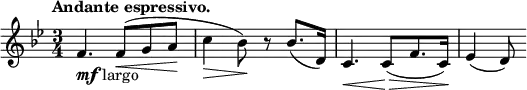  \relative c' {  \key bes \major \time 3/4 \tempo "Andante espressivo."
         f4._\markup { \dynamic mf largo } f8\<( g a\! c4\> bes8\!) r bes8.( d,16) c4.\< c8\>[( f8. c16\!)] es4( d8)}
