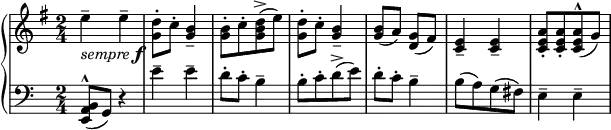 
 { \new PianoStaff <<
    \new Staff = "RH" \relative c'' { \clef treble \key e \minor  \time 2/4
        e4-\markup { \italic {sempre} \dynamic f }-- e-- | <d g,>8-. c8-. <b g>4-- |
        <b g>8-.[ c-. <d b g>->( e) ] | <d g,>8-. c8-. <b g>4-- | 
        <b g>8( a) <g d>( fis) | <e c>4-- <e c>-- | [<a e c>8-. <a e c>8-. <a e c>8^^( g) ]  | }
    \new Staff = "LH" \relative c' { \clef bass \key a \minor  \time 2/4 
        <b,a e>8^^( g) r4 | e''4-- e-- | d8-. c8-. b4-- | [ b8-. c-. d->( e) ] | d8-. c8-. b4-- | 
        [ b8( a) g( fis) ] | e4-- e-- | }
   >> }
