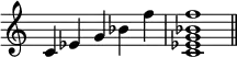 {\omit Staff.TimeSignature \time 5/4 c'4ees'g'bes'f'' \time 4/4 <c'ees'g'bes'f''>1 \bar "||"}