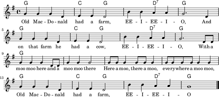 <<
\new ChordNames \chordmode {
\time 4/4
\set chordChanges = ##t
g,1\p
c,2 g,1
d,2:7
g,1
g,1
c,2 g,1
d,2:7
g,1
g,1
g,1
g,1
g,1
g,1
c,2 g,1
d,2:7
g,1
}
<<
\new Staff {
\relative c'' {
\key g \major
\once \omit Score.MetronomeMark
\tempo 4 = 184
\time 4/4
g4 g g d
e e d2
b'4 b a a
g2. d4 \break
g4 g g d
e e d2
b'4 b a a
g2. d8 d \break
g4 g g d8 d
g4 g g2
g8 g g4 g8 g g4
g8 g g g g4 g \break
g g g d
e e d2
b'4 b a a
g1
\bar "|."
} }
\addlyrics {
\lyricmode {
Old Mac -- Do -- nald had a farm, EE -- I -- EE -- I -- O,
And on that farm he had a cow, EE -- I -- EE -- I -- O,
With a moo moo here and a moo moo there
Here a moo, there a moo, eve -- ry -- where a moo moo,
Old Mac -- Do -- nald had a farm, EE -- I -- EE -- I -- O
} }
>>
>>