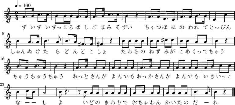 {
\key c \major \time 2/4 \tempo 4 = 160 \relative g' {
a8. b16 c8. c16| b8 b16 b16 a8. a16| a8. b16 c8. c16| b4 r4|
a8. a16 f8. e16| a8. a16 b8. b16| e,4 c'4| b4 a8. a16| b4. a8| b8. a16 fis8. fis16| fis4 r4|
b8 b8 b8 b8| b8 b8 cis8 cis8| b8 b8 a8 a8| b4 r4|
b8. a16 b8. a16| b4 r4|
a8. b16 a8 a8| a8 a8 a8 a8| a8. b16 a8 a8| a8 a8 a8 a8|
a8 b8 c8 c8| b4 c8 b8| a2|
b8 r4.| r8 b8 a8 a8| a8 a8 a8 a8| a8 b8 a8 a8| a8 a8 a8 a8| b4. a8| b4 r4 \bar "|."
}
\addlyrics {
ず い ず い ずっ こ ろ ば し
ご ま み そ ずい
ちゃ つ ぼ に お わ れ て
とっ ぴん しゃん
ぬ け た ら ど ん ど こ しょ
た わ ら の ね ず み が
こ め くっ て ちゅう
ちゅ う ちゅ う ちゅう
おっ と さん が よ ん で も
おっ か さん が よ ん で も
い き いっ こ な ー ー し よ
い ど の ま わ り で
お ちゃ わ ん か い た の だ ー れ
}
}