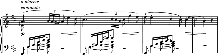 
 \relative c' {
  \new PianoStaff <<
   \set PianoStaff.connectArpeggios = ##t
   \new Staff \with { \remove "Time_signature_engraver" } { \key b \minor \time 4/4
    \override Score.NonMusicalPaperColumn #'line-break-permission = ##f
    <<
     {
      a'4.\arpeggio ^\markup \column {
               \line \italic { a piacere }
               \italic cantando
              }
      ( \times 2/3 { b16[ a gis] } a8 \stemDown e'4 d8)
      cis4.( \times 2/3 { d16[ cis b] } cis8 g'4 fis8)
      fis8-.( e4-. d-. cis8-.) cis4~( cis2 b4) b\rest
     }
    \\
     { d,8\arpeggio }
    >>
   }
   \new Dynamics {
    s4\p s s4.\< s8\! s2 s4.\< s8\! s2. s4\> s2 s4\!
   }
   \new Staff \with { \remove "Time_signature_engraver" } { \key b \minor \time 4/4 \clef bass
    <<
     {
      fis,,8 fis'16[ a d fis~ fis8] d,2\rest |
      fis,8 fis'16[ ais d ais'~ ais8] d,,2\rest
      g,8 g'16[ b d e~ e8] d,2\rest | \override MultiMeasureRest.staff-position = #+2 R1
     }
    \\
     {
      \set tieWaitForNote = ##t \autoBeamOff 
      s8 fis4*1/4~ \hideNotes a16~ \unHideNotes <d~ a~>8 <d a fis> s2
      s8 fis,4*1/4~ \hideNotes ais16~ \unHideNotes <d~ ais~>8 <d ais fis> s2
      s8 g,4*1/4~ \hideNotes b16~ \unHideNotes <d~ b~>8 <d b g> s2 s1
     }
    >>
   }
  >>
 }
