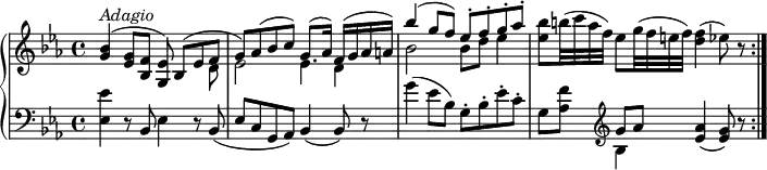 
\version "2.18.2"
\header {
  tagline = ##f
}
upper = \relative c'' {
  \clef treble
  \key ees \major
  \tempo "Adagio"
  \time 4/4
  \tempo 4 = 46
  <g bes>4^\markup{ \italic {Adagio} } ^( <ees g>8 <bes f'> <g ees'>)) 
  <<{\stemDown s4 d'8 ees2 ees4 d bes'2 bes8 d ees4 } \\ { \stemUp bes,8 ^(ees f g) aes ^ (bes c) g8. ^ (aes16) f ^(g aes a) bes'4 ^ (g8 f) ees ^\staccato f ^\staccato g ^\staccato aes ^\staccato}>>
  <ees bes'>8 b'32 (c aes f) ees8 g32 (f e f) <d f>4 (ees8) r \bar ":|."
}

lower =\relative c' {
  \clef bass
  \key ees \major
  <ees, ees'>4 r8 bes8 ees4 r8 bes8
  (ees c g aes) bes4 (bes8) r
  g''4 (ees8 bes) g-. bes-. ees-. c-.
  g [<aes f'>]  \clef treble
  <<{\stemDown bes4} \\ { \stemUp g'8 aes }>> <ees aes>4 (<ees g>8) r  \bar ":|."
}
\score {
  \new PianoStaff <<  
    \new Staff = "upper" \upper
    \new Staff = "lower" \lower
  >>
  \layout {
    \context {
      \Score
      \remove "Metronome_mark_engraver"
    }
  }
  \midi { }
}

