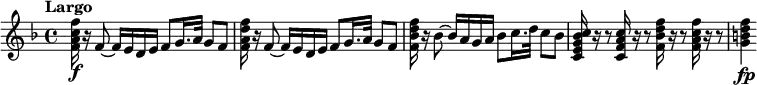 \relative c'' { \key f \major \time 4/4 \set Score.tempoHideNote = ##t \tempo "Largo" 4=46
\override Score.NonMusicalPaperColumn #'line-break-permission = ##f
<f c a f>16\f r f,8~ f16 e d e f8 g16. a32 g8 f
<f' d a f>16 r f,8~ f16 e d e f8 g16. a32 g8 f
<f' d bes f>16 r bes,8~ bes16 a g a bes8 c16. d32 c8 bes
<c bes g e c>16 r r8 <c a f c>16 r r8 <f d bes f>16 r r8 <f c a f>16 r r8 <f d b g>4\fp
}