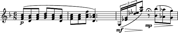 
\relative c' {
 \numericTimeSignature
 \time 6/8
 \key f \major
    <c' a f>8\p( <bes g d> <c a f> <d bes g> <c a f> <bes g d> |
    <c a f> <c a f> <f c a> <c aes d,>4.) |
    \tuplet 3/2 {g,16(\mf\> <g' es> <es' des> } <c' g>8\!) r8\fermata\mp\> <bes bes,>( <aes aes,> <g g,>\!)
 }
  \layout {
    \context {
      \Score
      proportionalNotationDuration = #(ly:make-moment 1/12)
    }
  }
