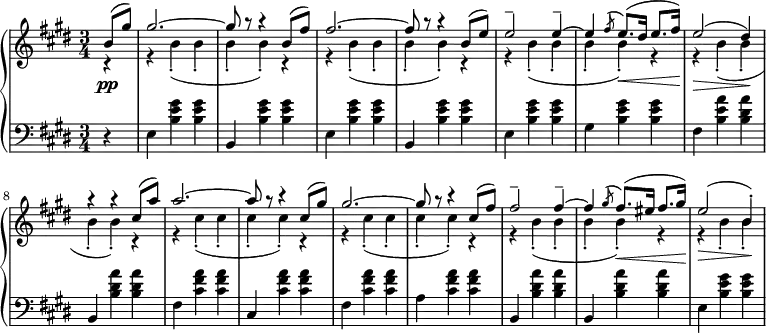 
 \relative b' {
  \new PianoStaff <<
   \new Staff { \key cis \minor \time 3/4
    <<
   {
     \partial 4 b8( gis') gis2.~ gis8 r r4 b,8( fis') fis2.~ fis8 r r4 b,8( e) e2-- e4--~ e4 \slashedGrace fis8( e8.\<)( dis16 e8. fis16)\! e2\>( dis4)\! r r cis8( a') a2.~ a8 r r4 cis,8( gis') gis2.~ gis8 r r4 cis,8( fis) fis2-- fis4--~ fis4 \slashedGrace gis8( fis8.\<)( eis16 fis8. gis16)\! e2\>( b4-.)\!
   }
    \\
   {
      r4 r b4-.( b-. b-. b-.) r4 r b4-.( b-. b-. b-.) r r b4-.( b-. b-. b-.) r r b4-.( b-. b-. b-.) r r cis4-.( cis-. cis-. cis-.) r4 r cis4-.( cis-. cis-. cis-.) r4 r b4-.( b-. b-. b-.) r4 r b4-. b-.
   }
    >>
   }
   \new Dynamics {
    s4\pp
   }
   \new Staff { \key cis \minor \time 3/4 \clef bass
      r e,, <b' e gis> <b e gis> b, <b' e gis> <b e gis> e, <b' e gis> <b e gis> b, <b' e gis> <b e gis> e, <b' e gis> <b e gis> gis <b e gis> <b e gis> fis <b e a> <b dis a'> b, <b' dis a'> <b dis a'> fis <cis' fis a> <cis fis a> cis, <cis' fis a> <cis fis a> fis, <cis' fis a> <cis fis a> a <cis fis a> <cis fis a> b, <b' dis a'> <b dis a'> b, <b' dis a'> <b dis a'> e, <b' e gis> <b e gis>
   }
  >>
 }
