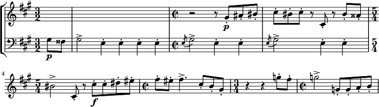 \new StaffGroup<<
 \new Staff {\key fis \minor \time 3/2 \set Score.tempoHideNote = ##t \tempo "" 2=104 \partial 4 \relative c''{ s4 s1. r2 r8 gis8-.[\p ais-. bis-.] cis-. bis-. cis-. r cis,-. r bis'-. aisis-. \time 5/4 bis2-> cis,8-. r cis'-.[\f cis-. dis-. eis-.] \time 2/2 fis-. eis-. fis4.-> cis8-.[ b-. gis-.] \time 3/4 r4 r g'8-. fis-. \time 2/2 g2-> g,8-.[ g-. a-. b-.]}}

 \new Staff {\clef bass \key fis \minor \time 3/2  \partial 4 gis8\p fisis gis2-> e4-. e-. e-. e-. \time 2/2 \slashedGrace e8( gis2->) e4-. e4-. \slashedGrace e8( gis2->) e4-. e4-. }
>> 