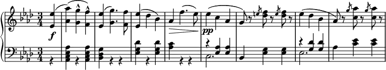 \relative c' {
\new PianoStaff <<
\new Staff { \key f \minor \time 3/4 \set Score.tempoHideNote = ##t \tempo 2. = 48
\partial 4 <ees ees'>4( <aes aes'>4)( <g g'>-^ <f f'>-^) <ees ees'>4( <g g'>4.) <f f'>8 <ees ees'>4( des' bes) aes\> f'4.( ees8\!) ees4\pp( c aes g8) r \slashedGrace e'8 <des f> r \slashedGrace e8 <des f> r ees4( des bes aes8) r \slashedGrace g'8 <c, aes'> r \slashedGrace g'8 <c, aes'> r
}
\new Dynamics {
s\f
}
\new Staff { \key f \minor \time 3/4 \clef bass
<<
{ s4 s s s s s s s s s s s s r4 <ees,, aes> <ees aes> bes s s r <g' des'> <g des'> }
\\
{ r4 <aes, c ees aes> r <aes c ees aes> <bes des g> r r <ees g des'> r <ees g des'> <aes c> r r c,2. s4 <ees g>4 <ees g> ees2. aes4 <c ees> <c ees> }
>>
}
>>
}