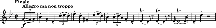 \relative g' {\set Staff.midiInstrument = #"violin"
\key g \minor \time 2/2 \override TupletBracket.bracket-visibility = ##f
\tempo "Finale"
\tempo 4 = 190
\partial 4 \times 2/3 { g8^\markup {\bold Allegro \bold ma \bold non \bold troppo}( \f fis g) }
bes4-. g-. d-. \times 2/3 { c'8( d c) }
es4-. c-. fis,-. \times 2/3 { d'8( es c) }
bes4-. \times 2/3 { bes8( c a) } g4-. d-.
es4( \trill d8) r es4( \trill d8) r
\acciaccatura d8 \afterGrace es1( \trill {d16 es) }
d4-. d'-. r2
}