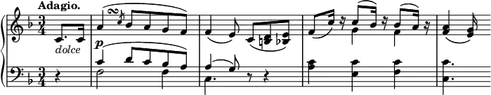 
 \relative c' {
  \new PianoStaff <<
   \new Staff { \key f \major \time 3/4 \tempo "Adagio." \partial 4
    <<
     {
      \override TextScript #'avoid-slur = #'inside
      \override TextScript #'outside-staff-priority = ##f
      c8. c16 a'4^\markup    
      \override #'(baseline-skip . 1) {
      \halign #-3
      \musicglyph #"scripts.turn"
      }( \slashedGrace c8 bes8 a g f) f4_\( e8\) c_\([ <d b> <e bes>]\)
      f_\( c'16\) d\rest c8( bes16) d\rest bes8( a16) b\rest <a f>4_\( <g e>16\)
     }
    \\
     { s4 s 2. s s4 g4 f }
    >>
   }
   \new Dynamics {
    s4_\markup \italic dolce s\p
   }
   \new Staff { \key f \major \time 3/4 \clef bass
    <<
     { d,4\rest c'( d8 c bes a) a4( g8) d8\rest d4\rest }
    \\
     { s4 f2 f4 c4. s <c' a>4 <c e,> <c f,> <c c,>4. }
    >>
   }
  >>
 }

