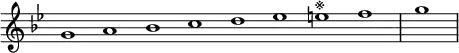 \relative c'' {
\new Staff \with { \remove "Time_signature_engraver" }
{ \key g \minor \time 1/1 \cadenzaOn g1 a bes c d ees e^"※" f \bar "|" g \bar"|"}
}