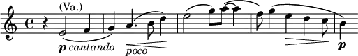 \relative a' { \key a \minor \time 4/4 r4 e2^\markup { (Va.)}_\markup { \dynamic p \italic { cantando } }( f4 | g) a4._\markup{ \italic { poco } }\<( b8 d4)\! | e2( g8) a8~( a4 | f8) g4( e\> d c8\! | b4)\p }
